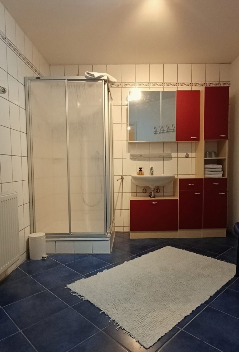 Badezimmer mit Dusche – Gästehaus am Weinberg Gefliestes Badezimmer mit einer Duschkabine, Waschbecken und Schränken.